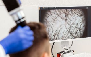 Trichoscopy of hair and scalp closeup. Precise and professional approach to hair and scalp health diagnosis.